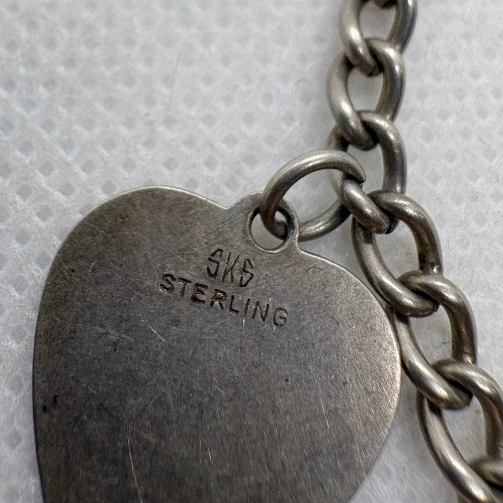 Vintage SKS Sterling Heart TOMY Name Key Charm Bracelet Silver Tone 7 Inch